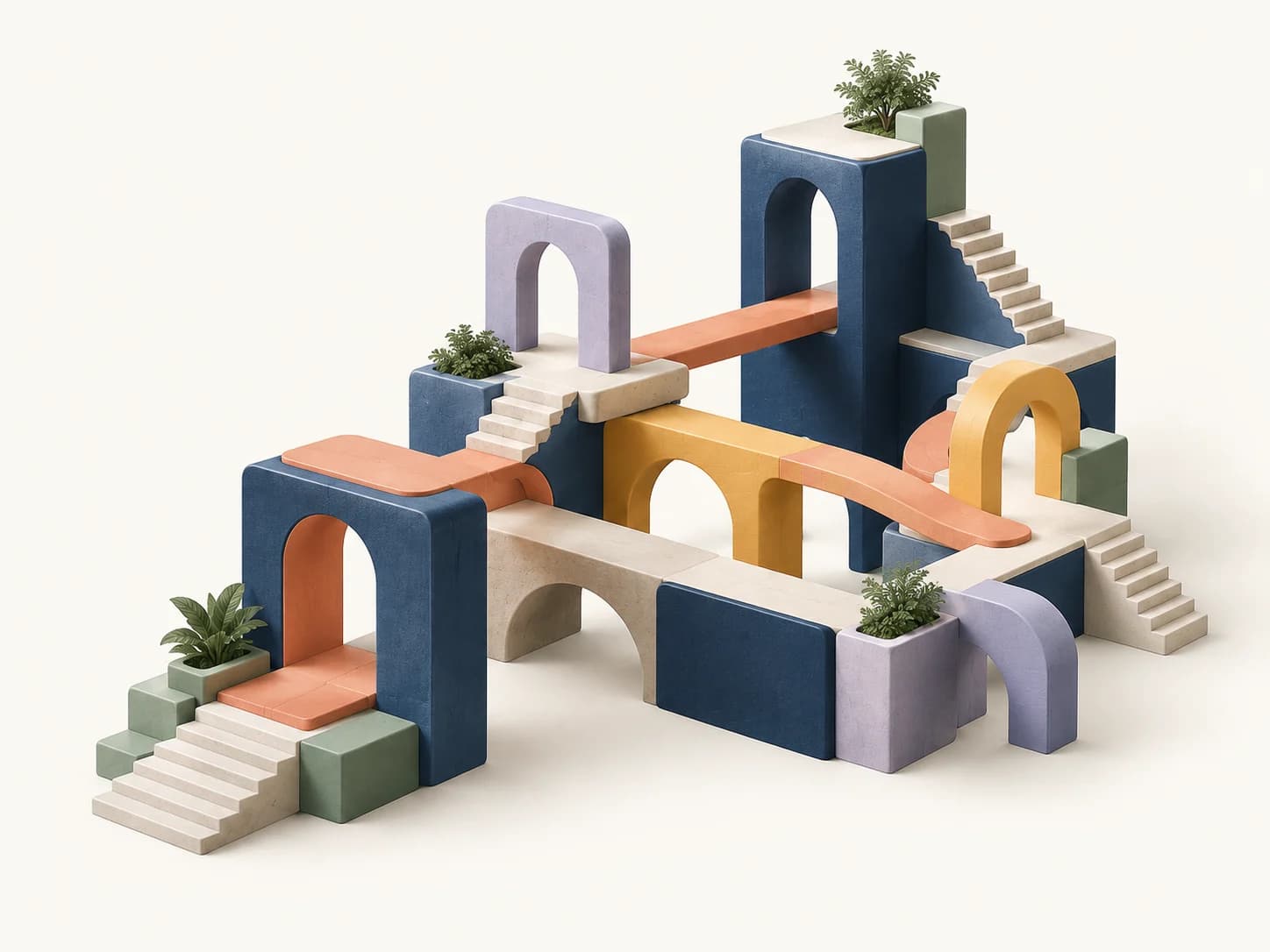 Interconnected architectural forms in navy, coral and lavender, an illustration of systems built to hold together.