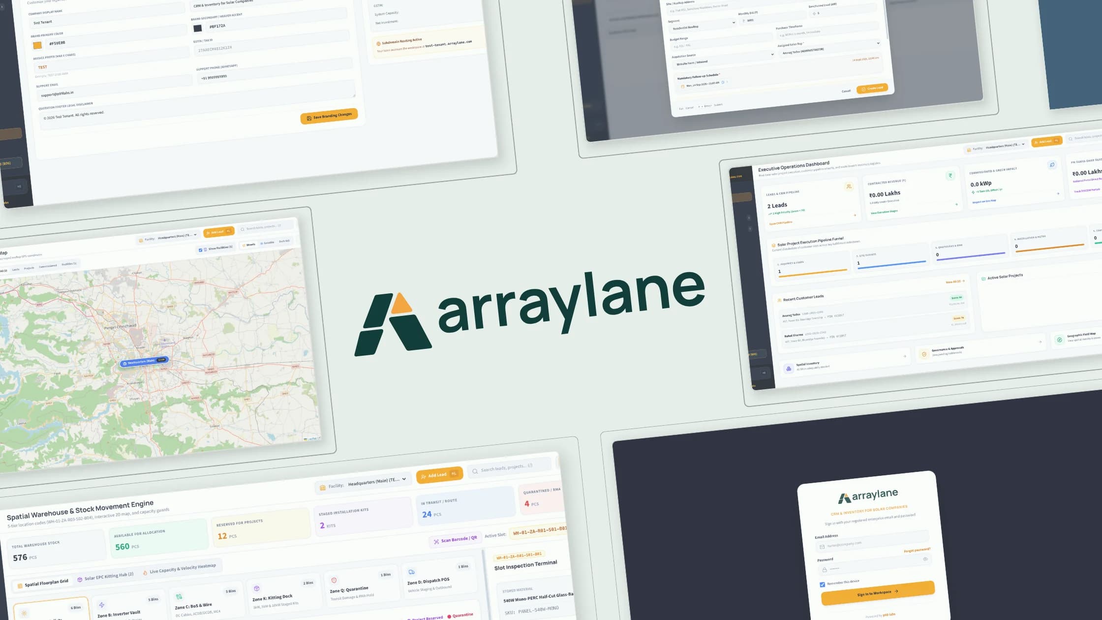 Array Lane solar CRM and inventory platform presented in a desktop project mockup.