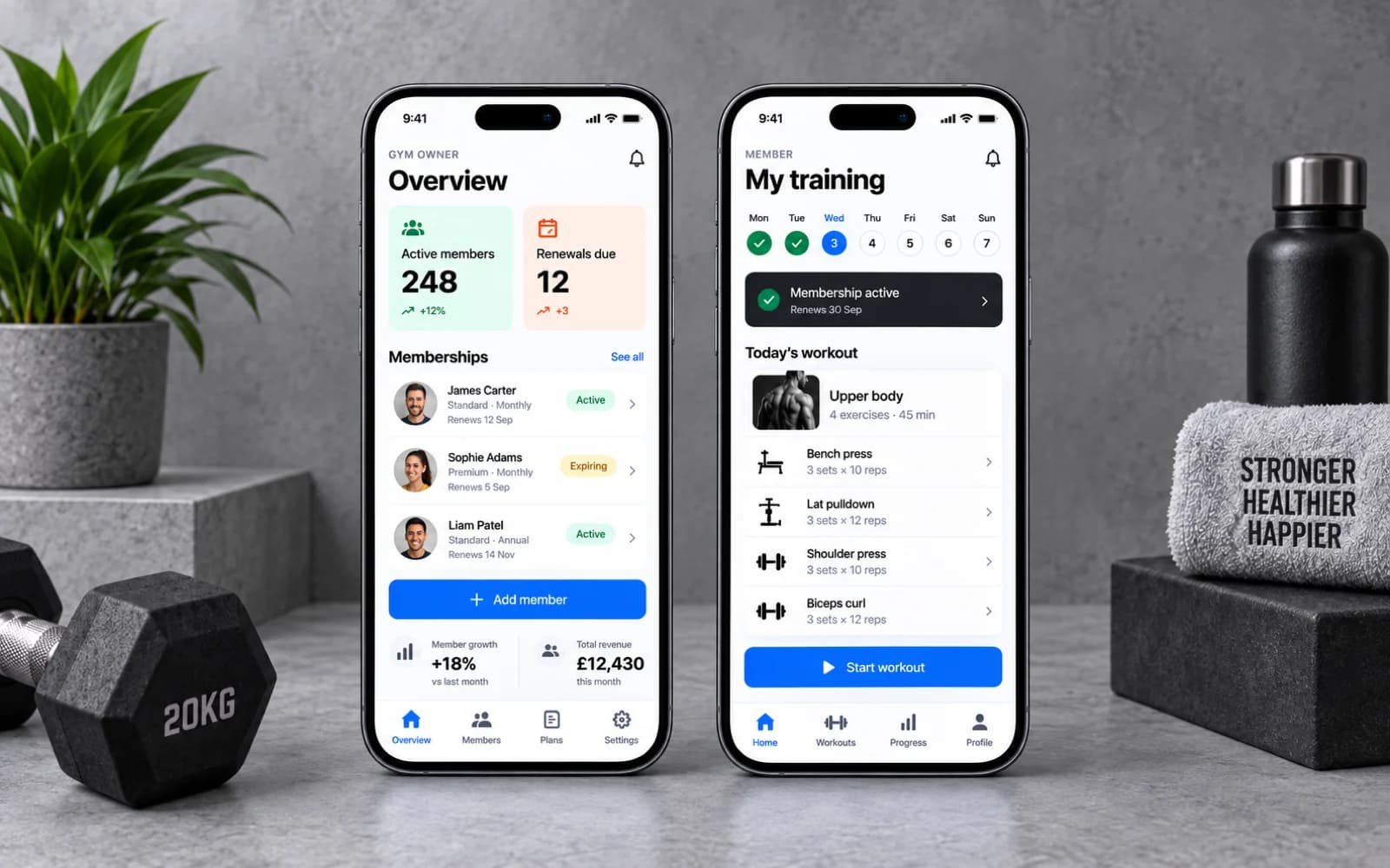 Gym management application screens presented across desktop and mobile devices.