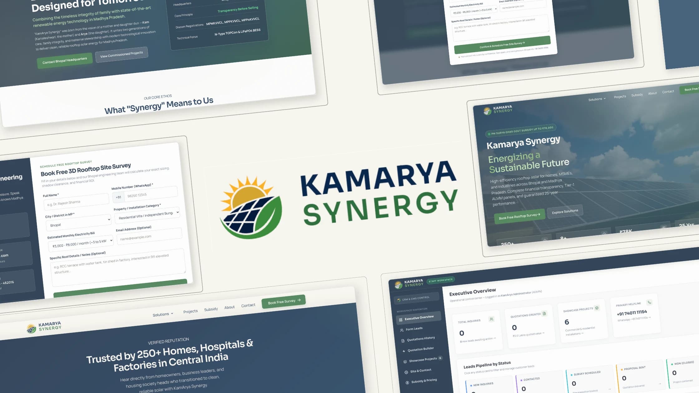 Kamarya Synergy website and CRM presented in a desktop project mockup.